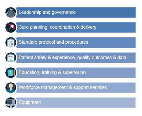 Core principles: Leadership and governance, Care planning, coordination & delivery, Standard protocol and procedures, Patient safety & experience, quality outcomes & data, Education, training & supervision, Workforce management & support services, Equipment